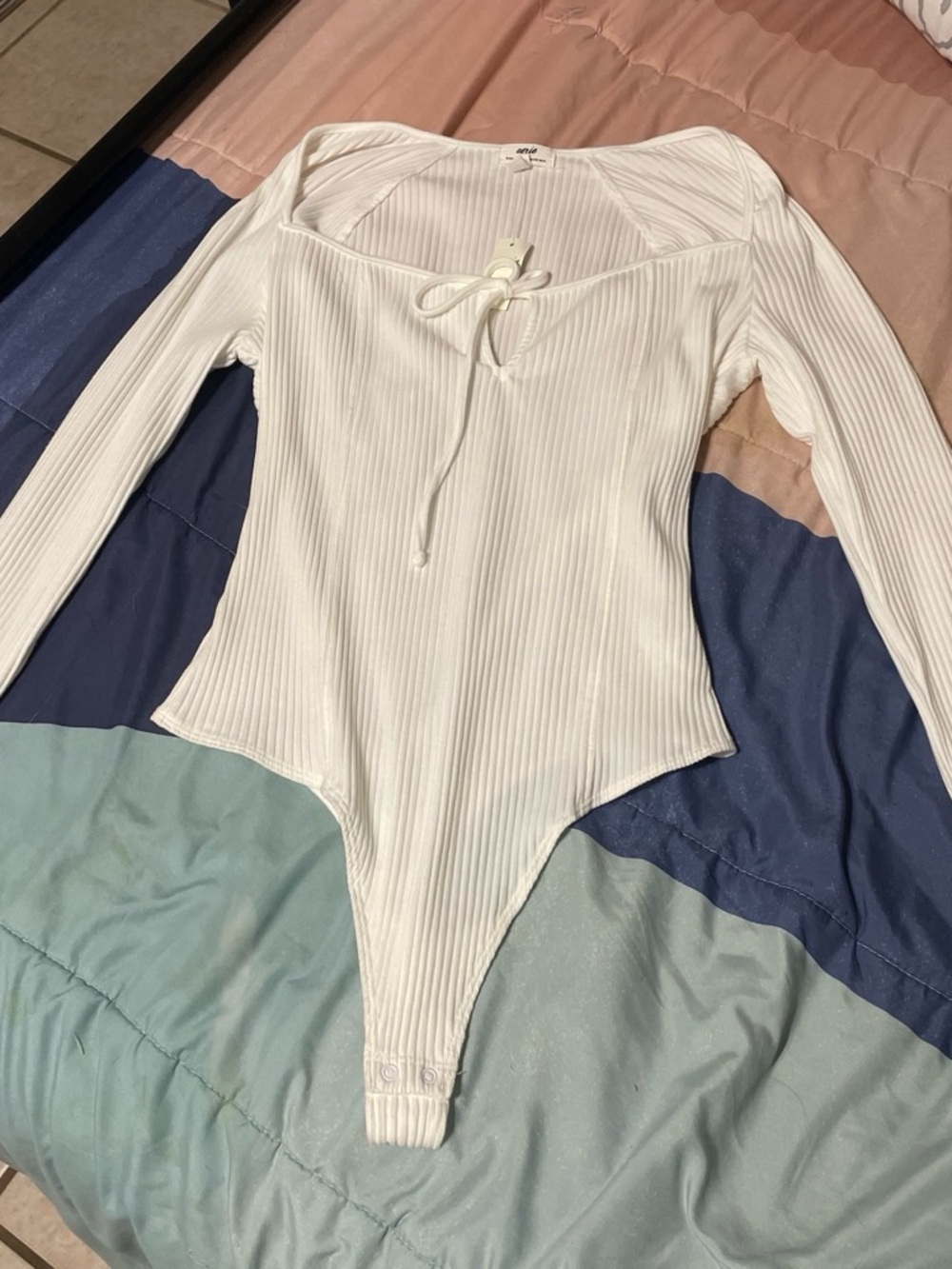 aerie White Ribbed Long-Sleeve Tie-Front Bodysuit